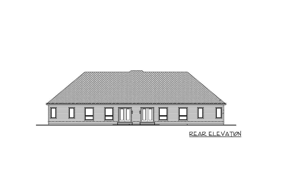 Rear elevation drawing of a single-story house with a hip roof, symmetrical windows, and two centered doors.