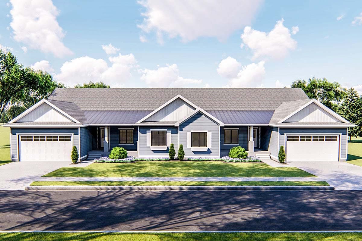 House plan exterior. Two-story Modern Farmhouse design with gabled roofs, two-car garages, and covered entryways.