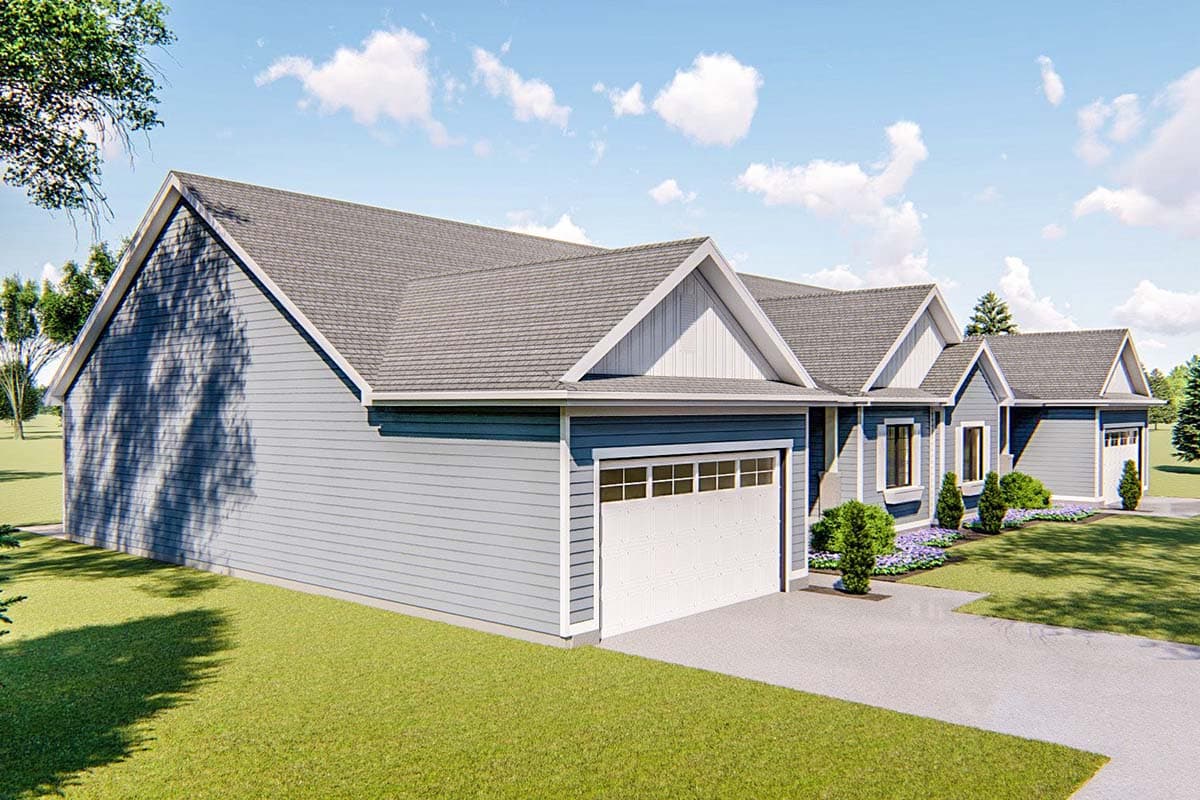 House plan exterior: Single-story modern farmhouse with gabled rooflines, siding, and a three-car garage.