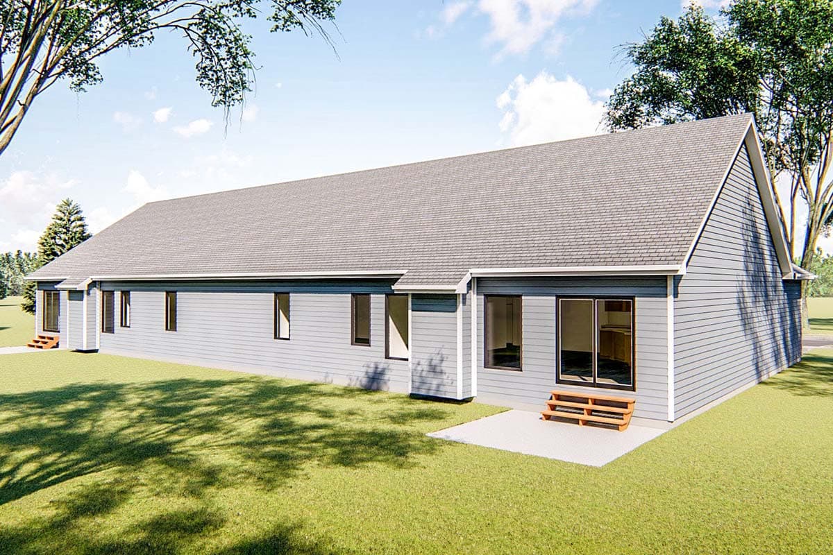 House plan exterior of a single-story home with a gabled roof, horizontal siding, and multiple windows.