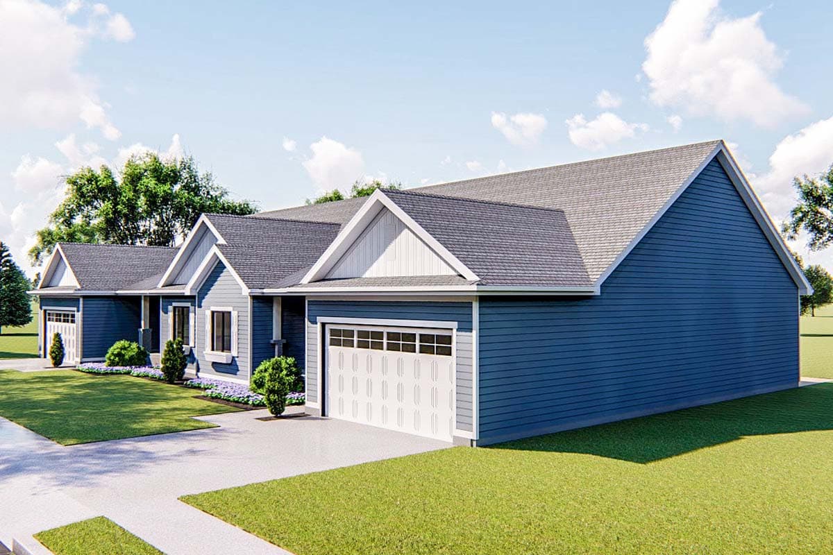 House plan exterior: One-story home with attached two-car garage, blue siding, gabled roof, and white trim.