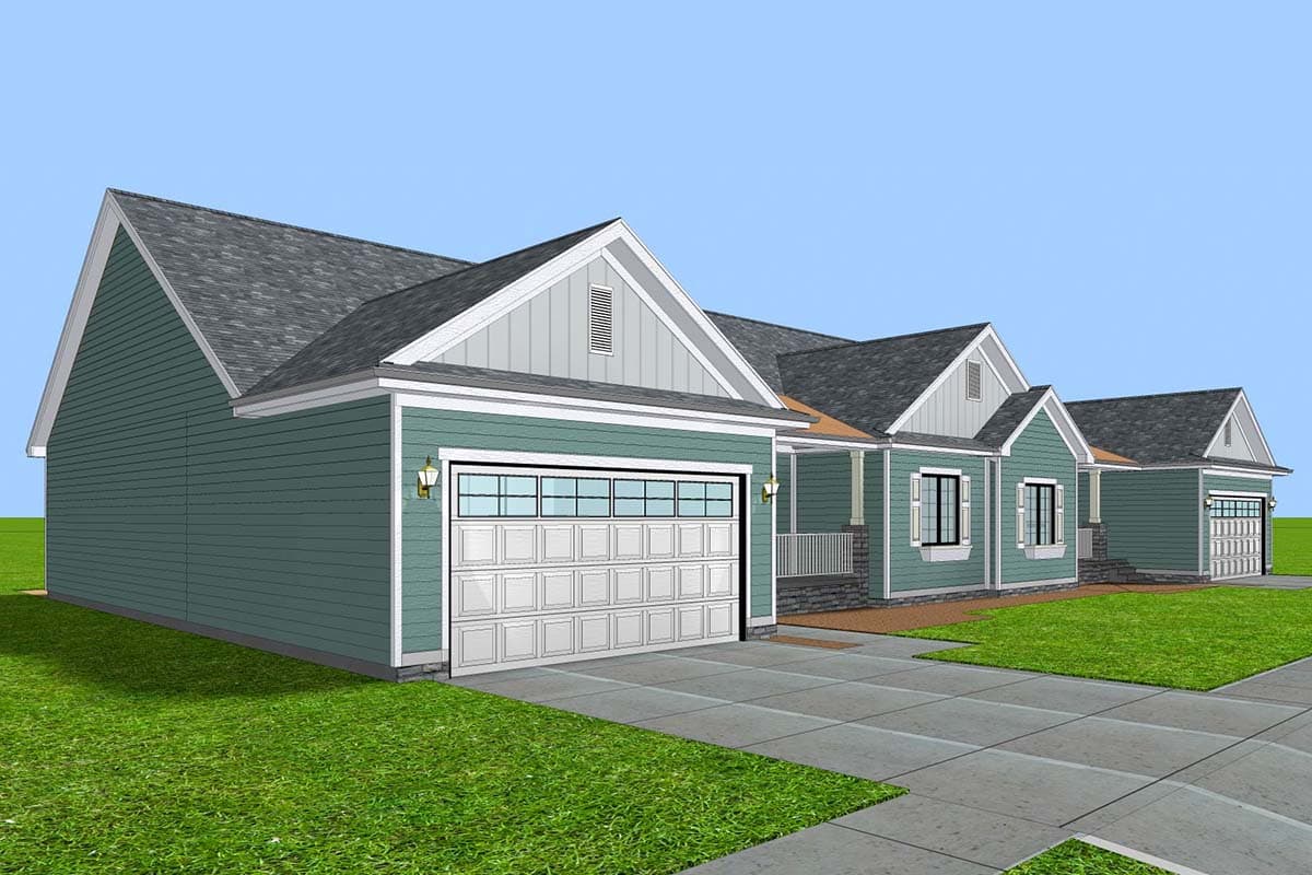 House plan exterior: Single-story home with gabled roofs, siding, three-car garage, and covered porch.