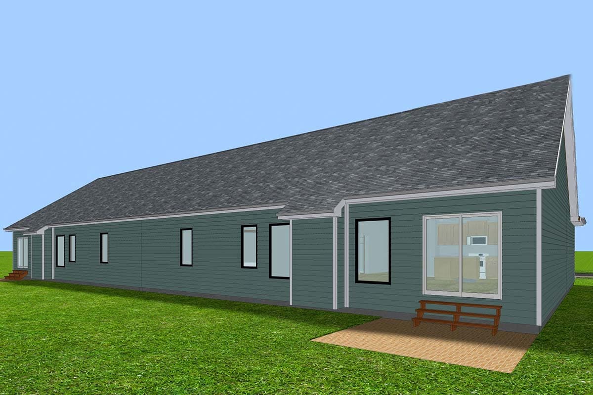 House plan exterior of a single-story home with a long, asymmetrical roofline, horizontal siding, and multiple rectangular windows.