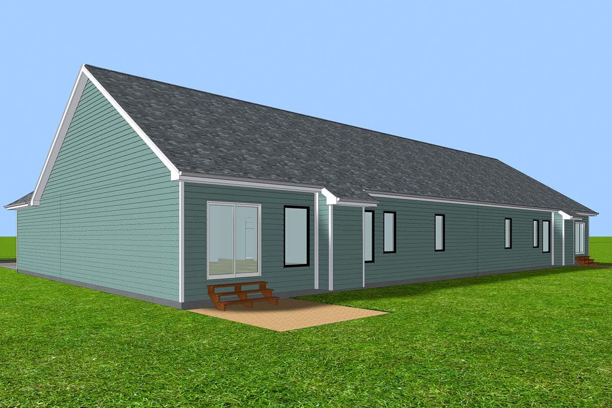 House plan exterior: Single-story ranch with gabled roof, wide eaves, and numerous windows.