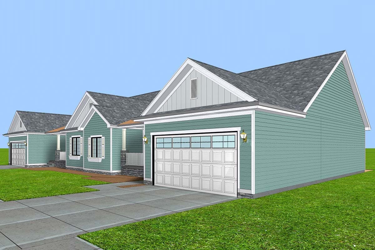 House plan exterior with gabled dormers, prominent garage door, and siding.
