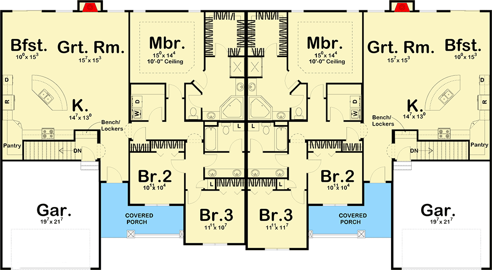 Plan 62564DJ: Matching 3 Bed Duplex House Plan - Floor Plan - Main Level