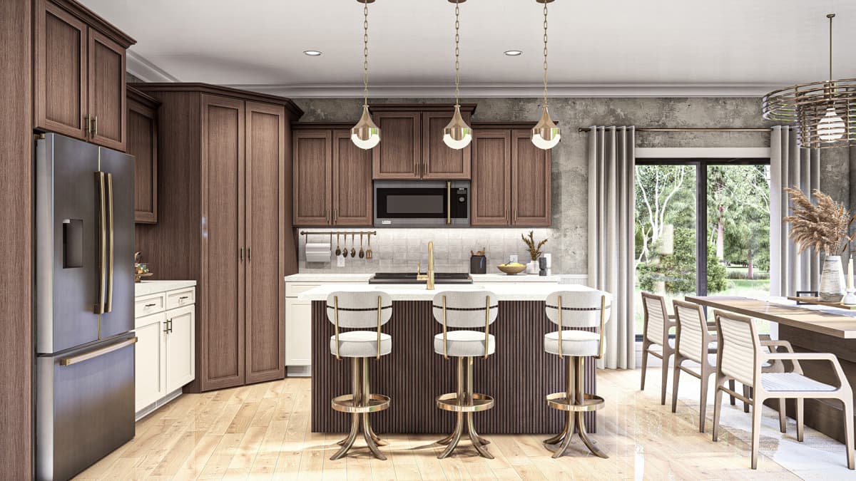 Kitchen with dark wood cabinets, central island with bar seating, granite countertops, and dining area.