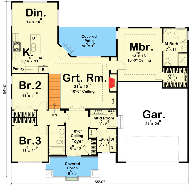 Plan 62565DJ: 3-Bed Craftsman Ranch House Plan with Split Beds - 1691 Sq Ft - Floor Plan - Main Level - Craftsman, Northwest, Ranch, Traditional