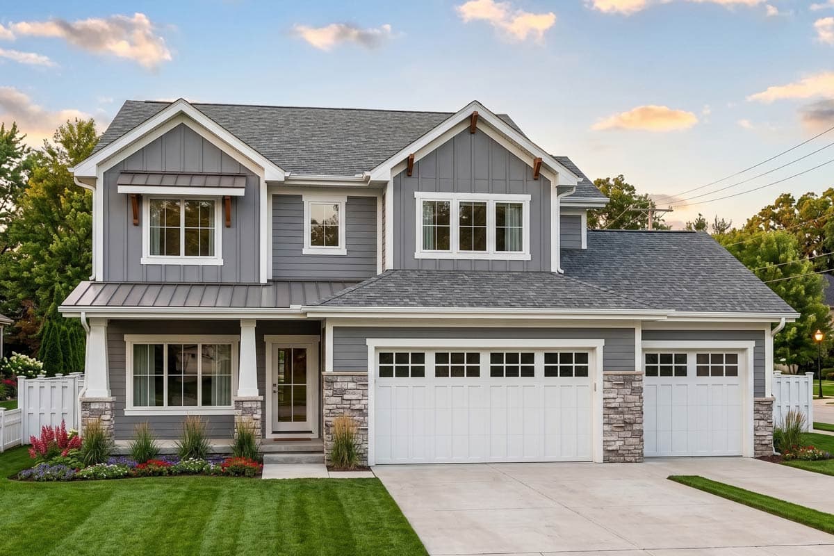 House plan exterior: two-story Modern Farmhouse with a covered porch, gables, dormers, and a three-car garage.