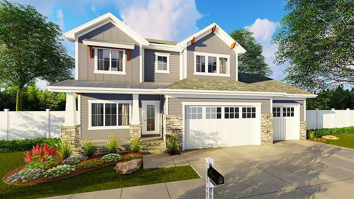 House plan exterior: two-story Modern Farmhouse with a covered porch, gables, dormers, and a three-car garage.