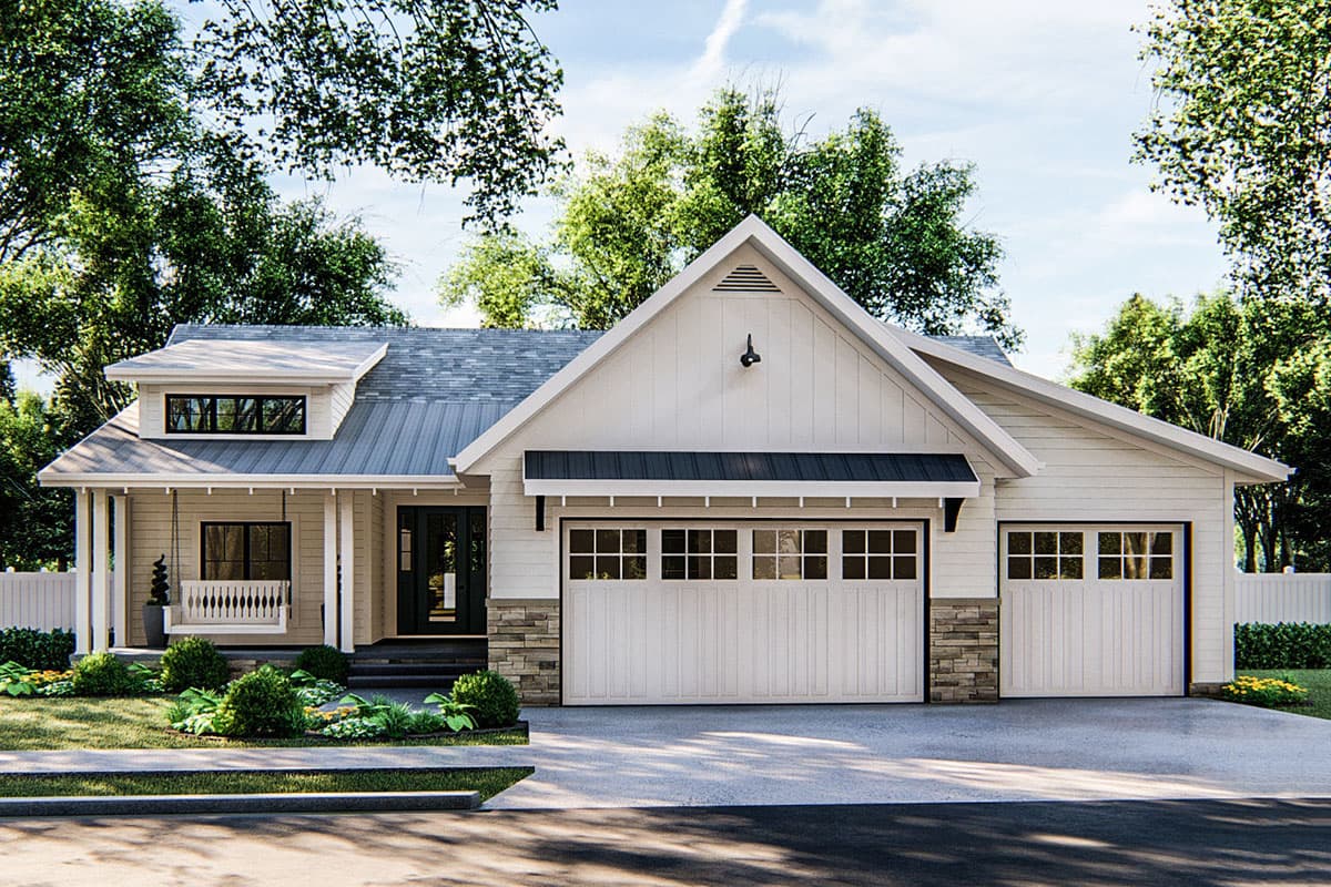House plan exterior. Ranch style with a gabled roof, dormer, and front porch with swing. Attached garage.