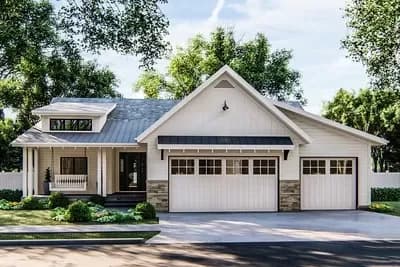 3-Bed Cottage Ranch Home Plan with L-Shaped Porch - 1701 Sq Ft
