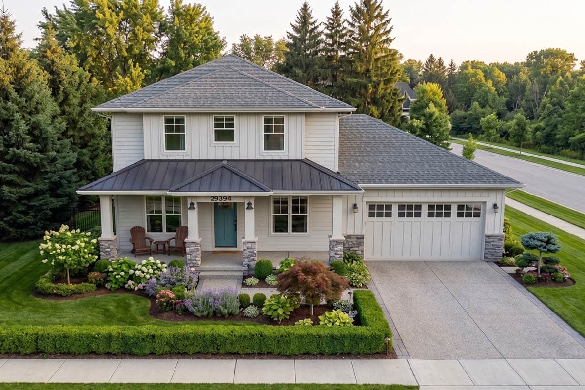 Two-story Modern Farmhouse exterior with covered porch, gable roof, and attached garage with six-pane windows.