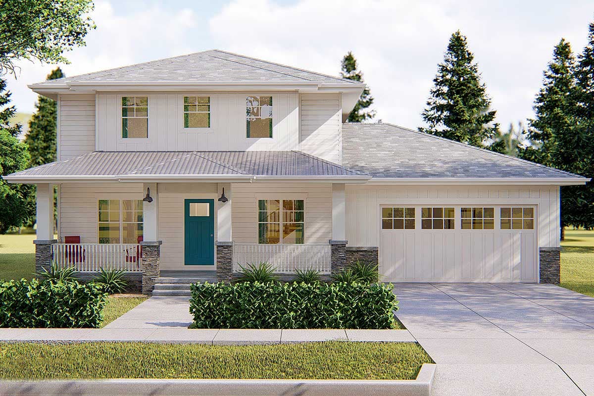 Two-story Modern Farmhouse exterior with covered porch, gable roof, and attached garage with six-pane windows.