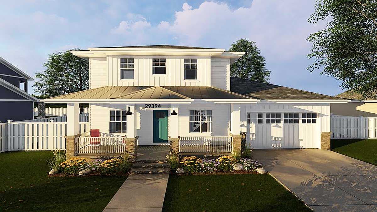 Modern Farmhouse house plan exterior, two stories, white siding, gabled roof, porch, and attached garage.