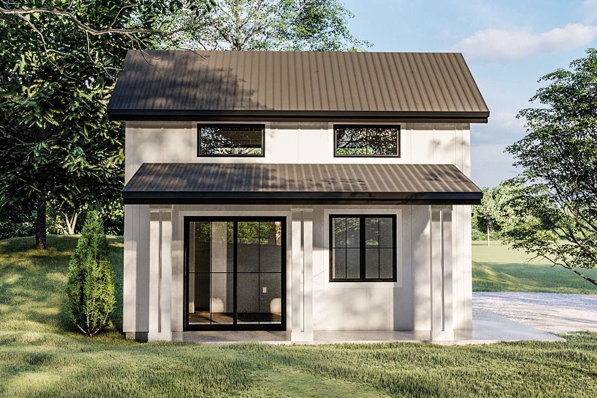 Two-story house plan exterior with vertical siding, metal roof, covered porch, and large black-framed windows.