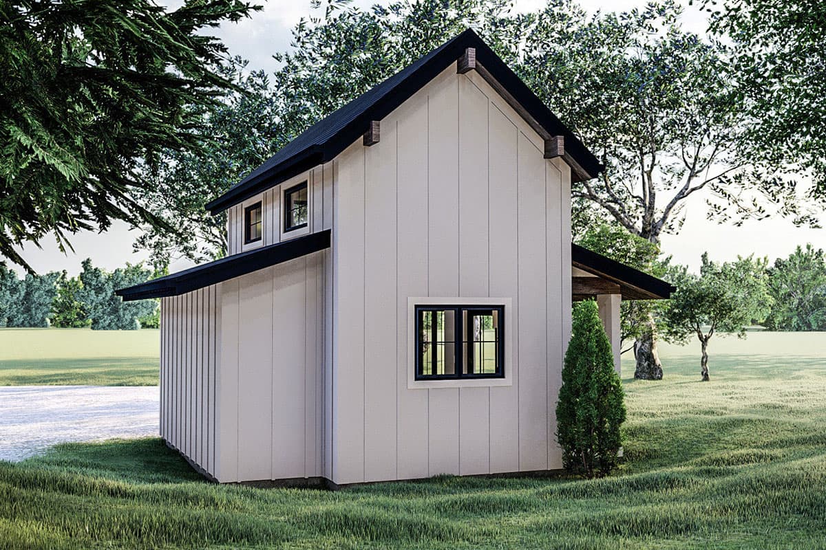 Modern Farmhouse house plan exterior, 2 stories, board and batten siding, gable roof with exposed rafter tails, and dormer windows.