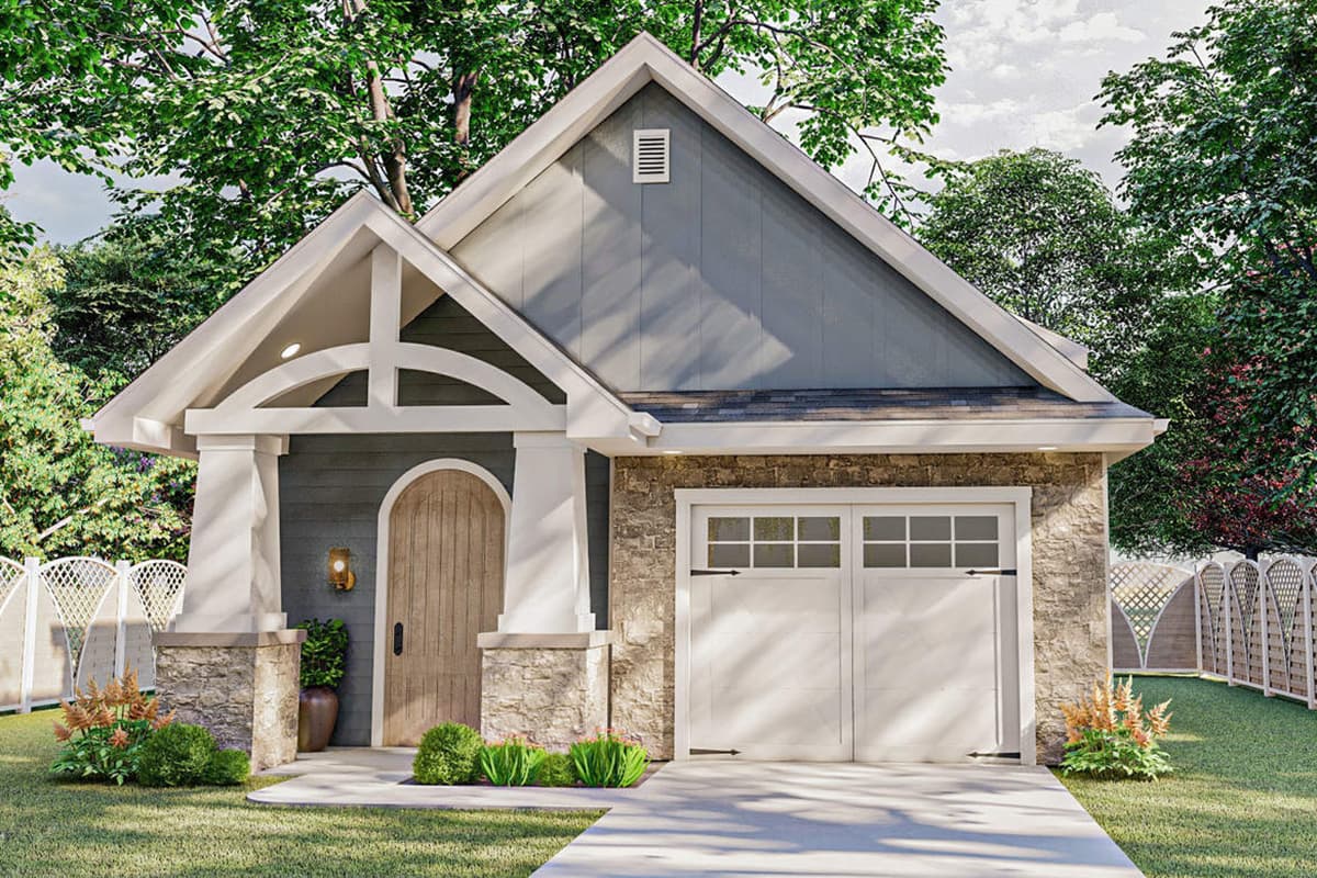 House plan exterior. One-story Craftsman style home with arched entryway, stone veneer accents, and gabled roofline. Attached garage on right side.