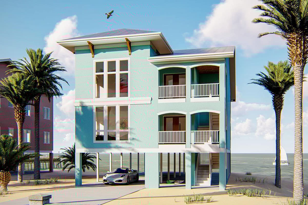 House plan exterior: three-story coastal home on stilts with multiple balconies, large windows, and covered parking.