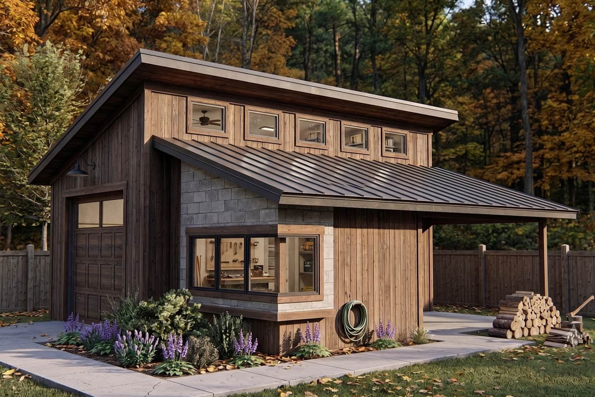 House plan exterior: Modern cabin with wood siding, garage, shed roof, and multiple clerestory windows.