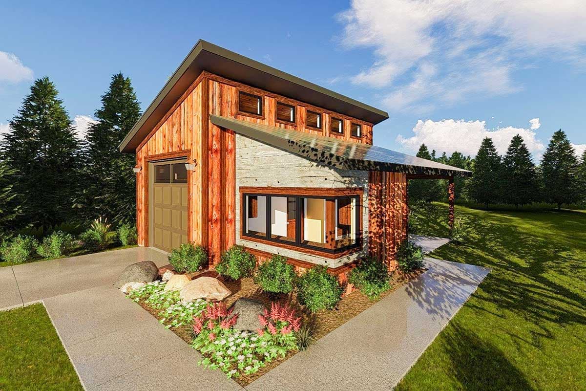 House plan exterior: Modern cabin with wood siding, garage, shed roof, and multiple clerestory windows.