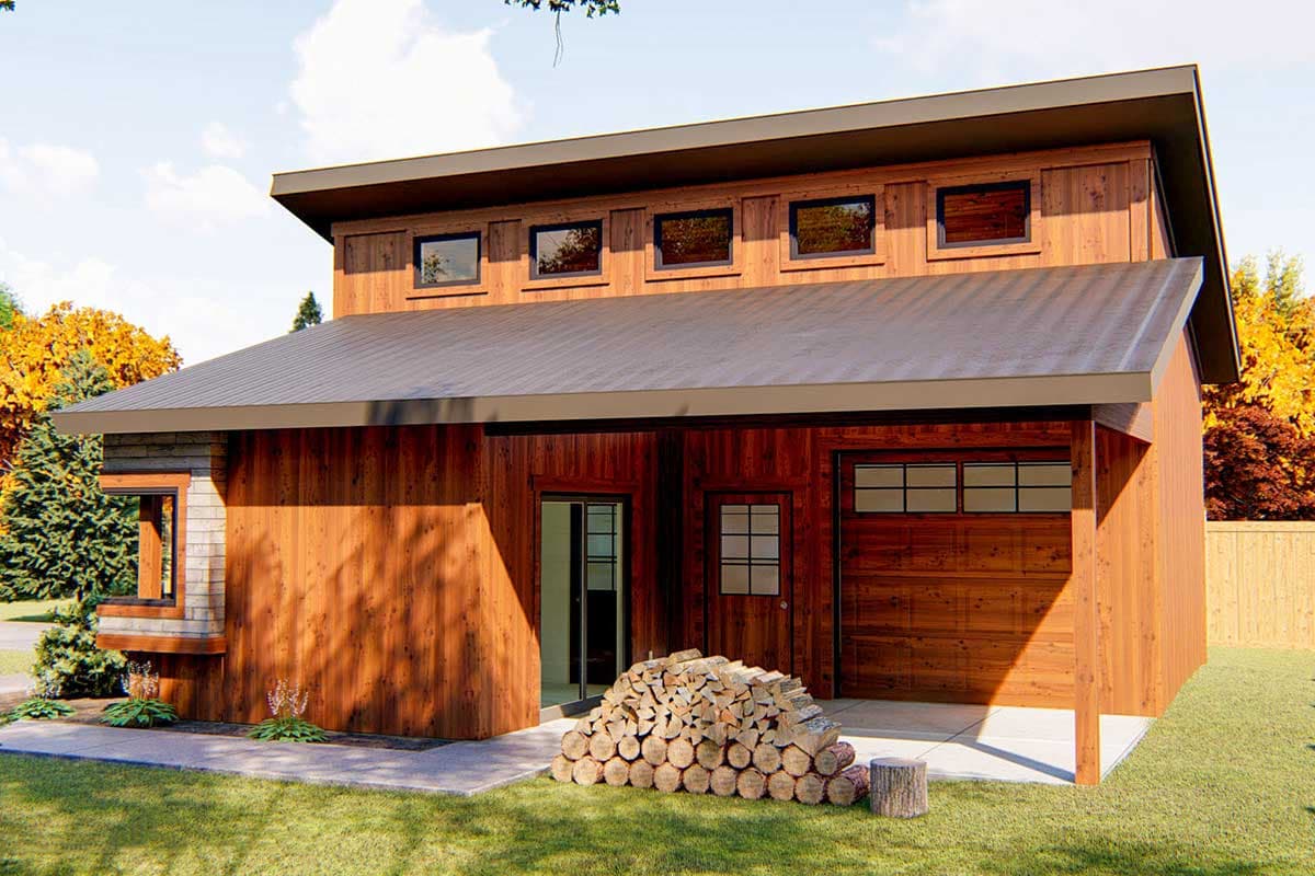 Modern house plan exterior with vertical wood siding, a shed roof, a garage door, and clerestory windows.