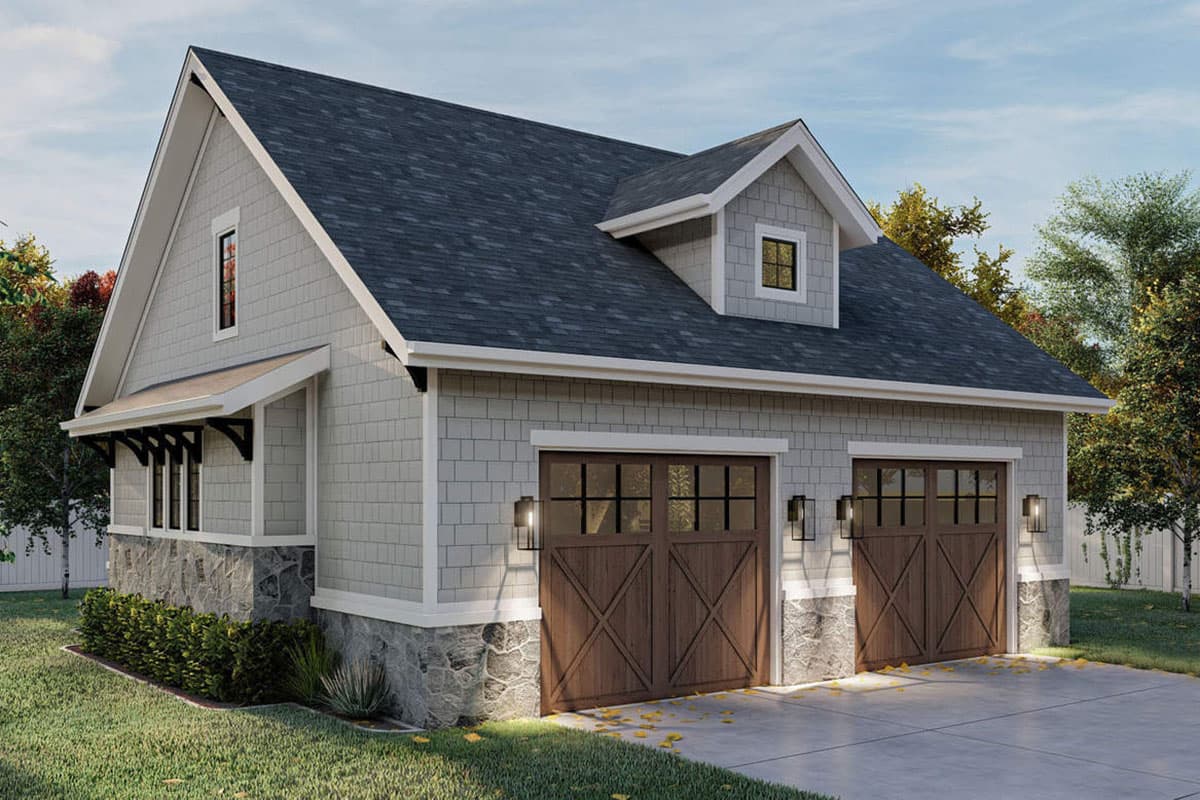 House plan exterior: Modern Farmhouse style, two-car garage with x-brace doors, stone foundation, and dormer.