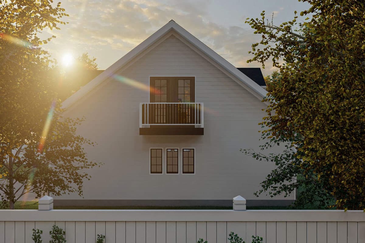 House plan exterior with gabled roof, second-story balcony, and triple-pane windows.