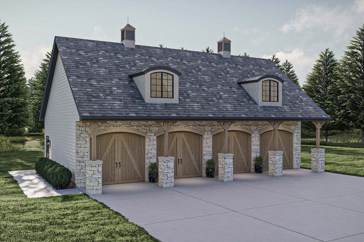 House plan exterior with five garage doors, stone accents, arched wooden doors, and dormer windows.