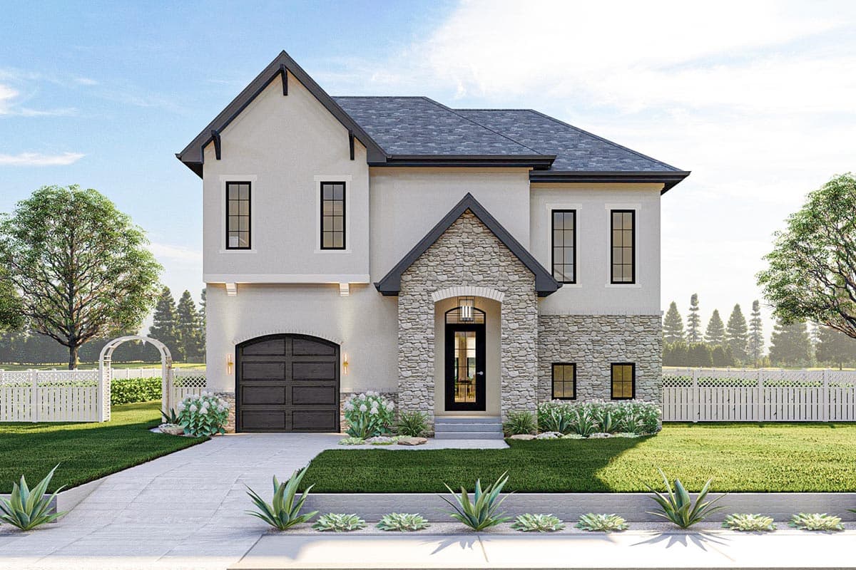 House plan exterior with stone accents, two stories, and a gabled roof. Features a garage and arched entry.