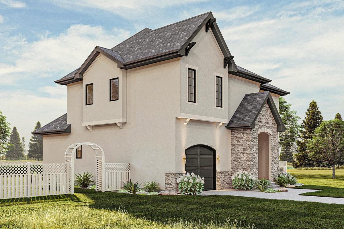 Two-story house plan exterior with stucco, stone accents, arched garage, and decorative gable brackets.