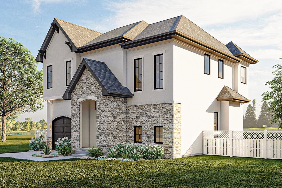 House plan exterior: two-story residence with stone facade, gabled rooflines, prominent gables, and arched entry.