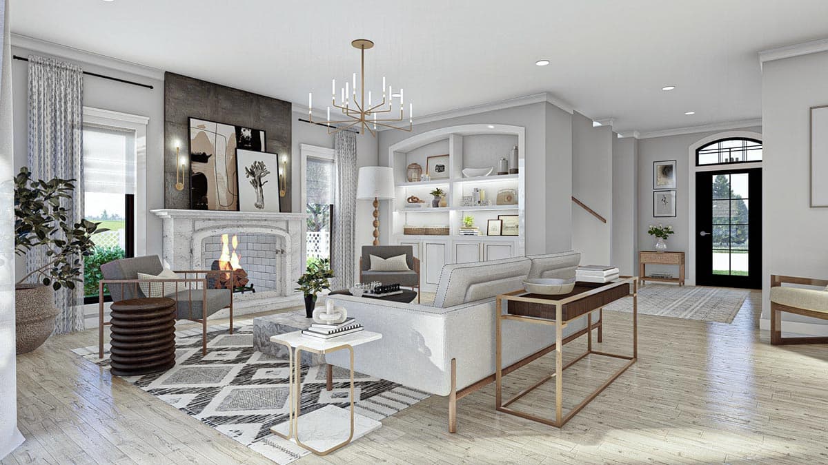 Interior rendering of a living room with a fireplace, built-in bookshelves, and an arched doorway.