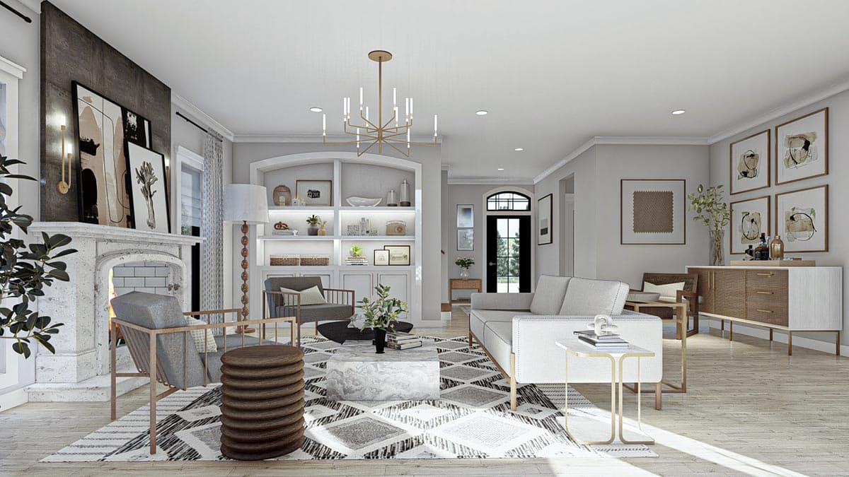 Living room interior rendering featuring a stone fireplace, built-in shelving, and a large patterned rug.