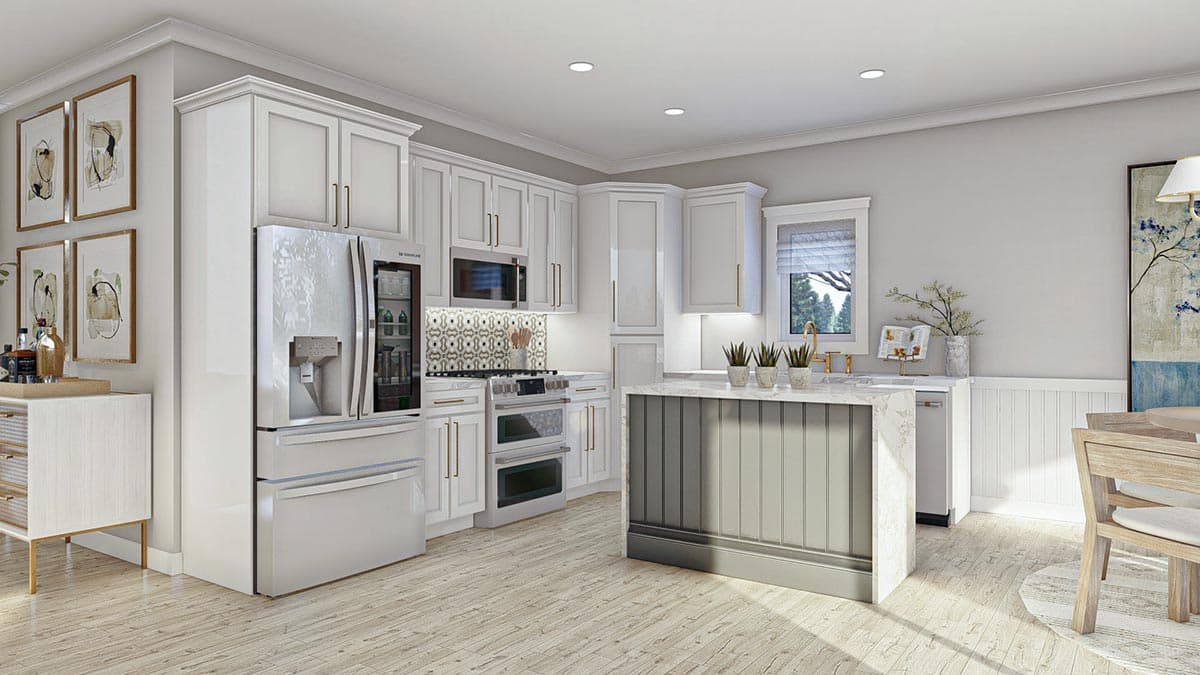 Kitchen interior with white cabinets, stainless steel appliances, island, and patterned backsplash.