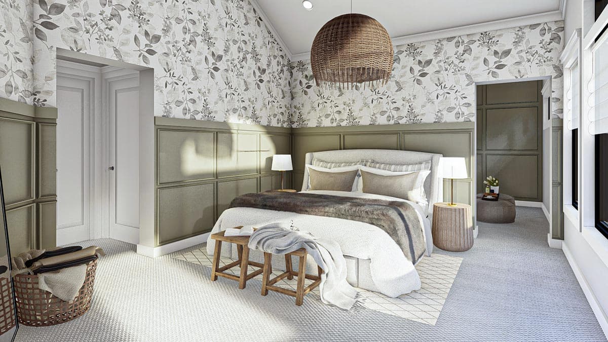 Bedroom rendering with vaulted ceiling, paneled walls, floral wallpaper, and a large pendant light.