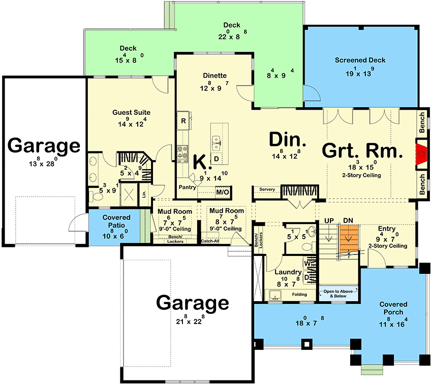 Plan 62584DJ: 2-Story Craftsman Home Plan with Two Story Great Room and Second Level Library  - 3114 Sq Ft - Floor Plan - Main Level - Craftsman, Traditional