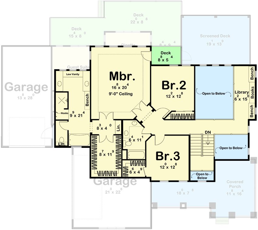 Plan 62584DJ: 2-Story Craftsman Home Plan with Two Story Great Room and Second Level Library  - 3114 Sq Ft - Floor Plan - 2nd Floor - Craftsman, Traditional