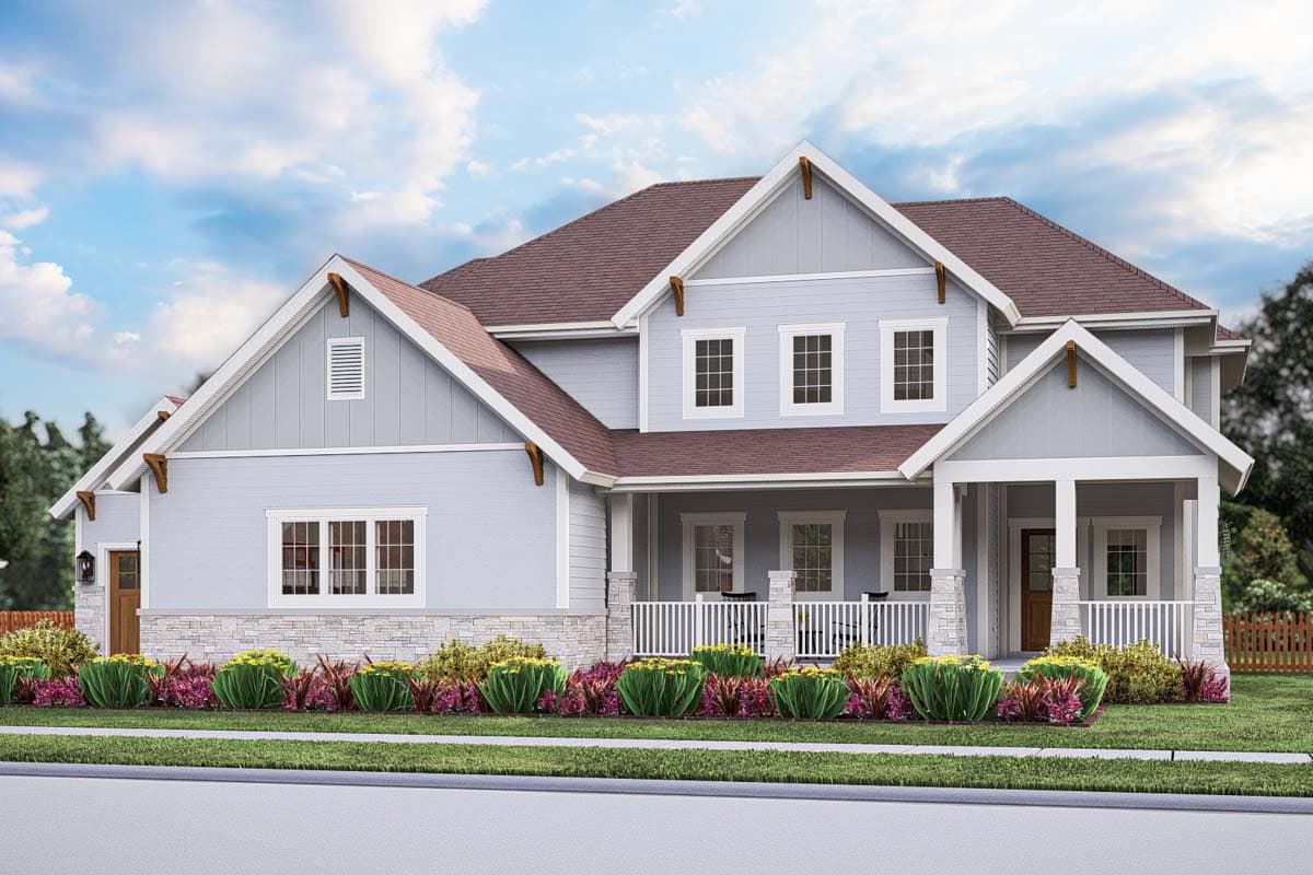Modern Farmhouse house plan exterior with a wraparound porch, gables, stone base, and multiple dormers.