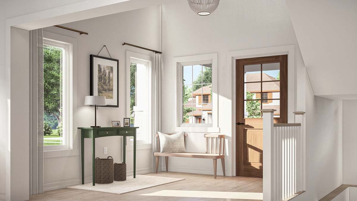 Interior view of entryway with wood door, bench, console table, and windows showing exterior homes.