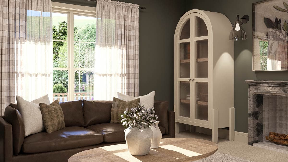 Interior rendering of a living room with a brown leather sofa, plaid pillows, a glass-door cabinet, and a marble fireplace.