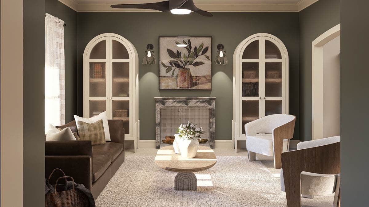 Living room rendering featuring a leather sofa, marble fireplace, two arched glass-front cabinets, and a wood coffee table.