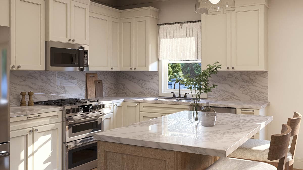 Kitchen with white shaker cabinets, marble backsplash, double oven range, and island with seating.