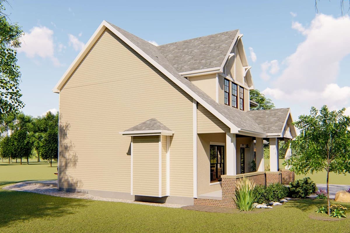 House plan exterior: Two-story home with prominent gables, covered porch with brick supports, and horizontal siding.