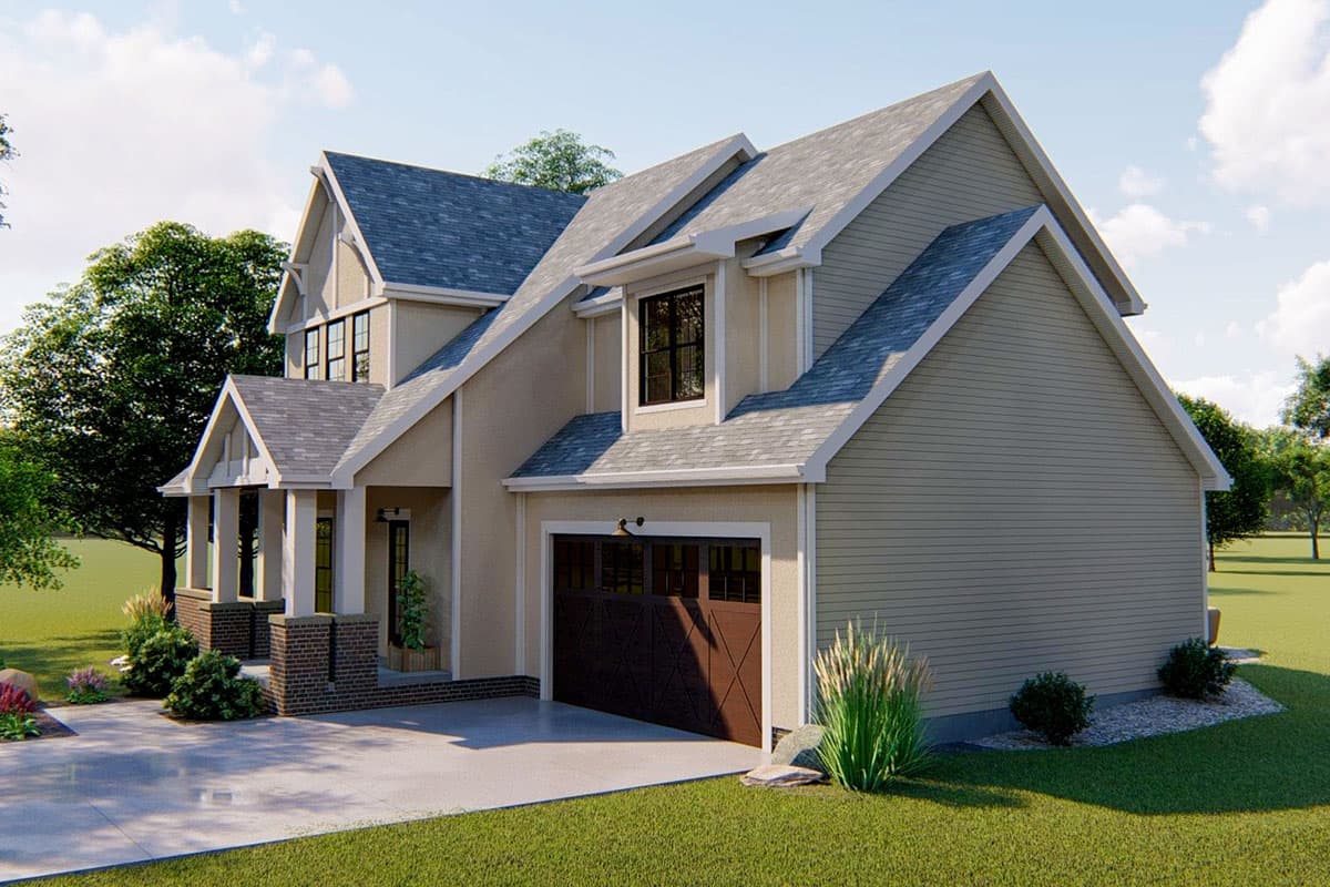 House plan exterior: Two-story Modern Farmhouse with gabled rooflines, dormer, covered porch with brick supports, and side-entry garage.