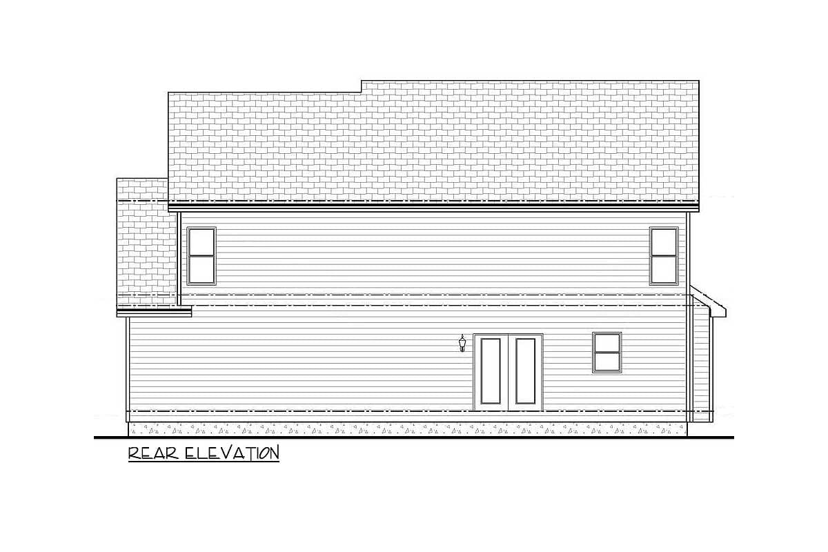 Rear elevation drawing of a two-story house plan with double doors, windows, and a sloped roof.