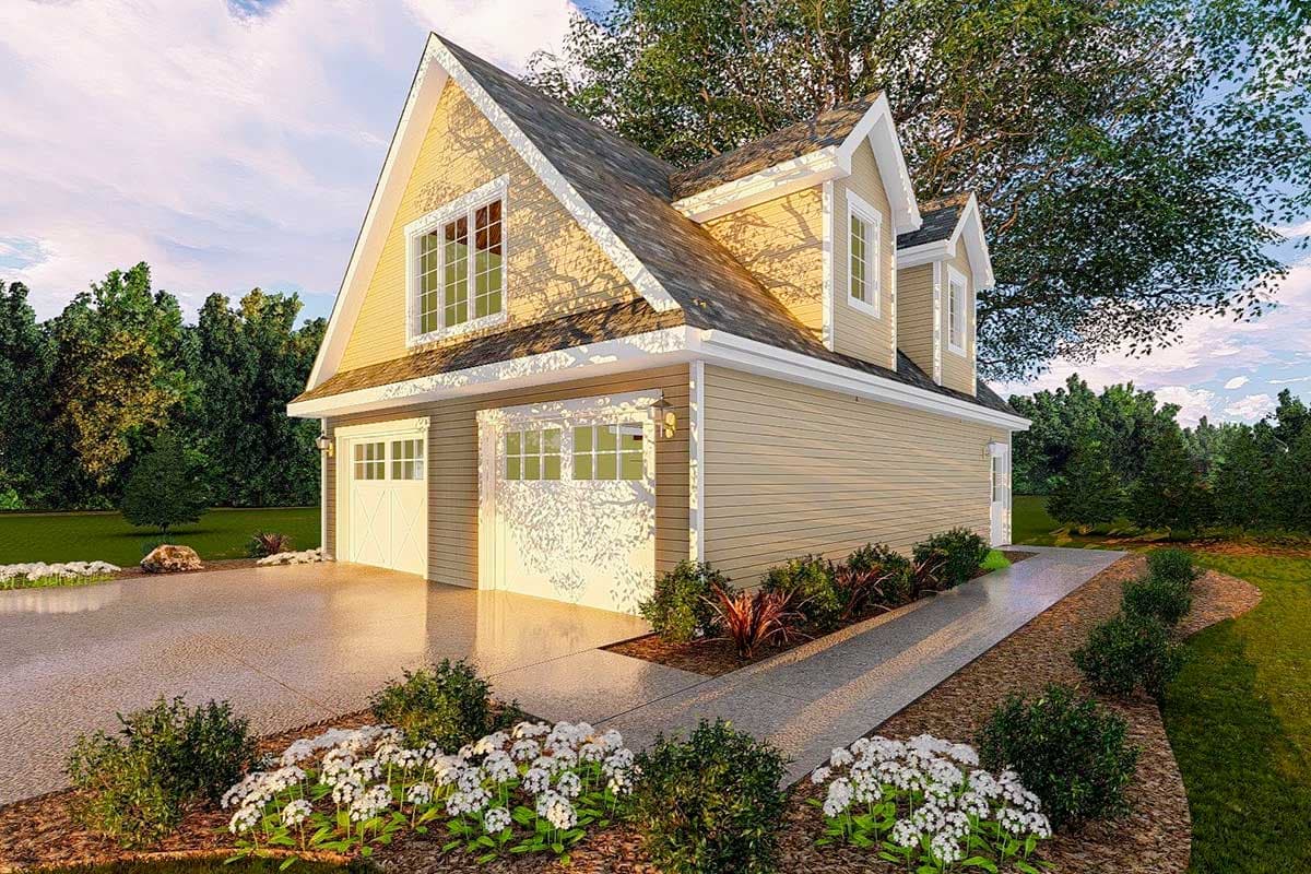 House plan exterior with two garage doors, prominent gables, and dormer windows.