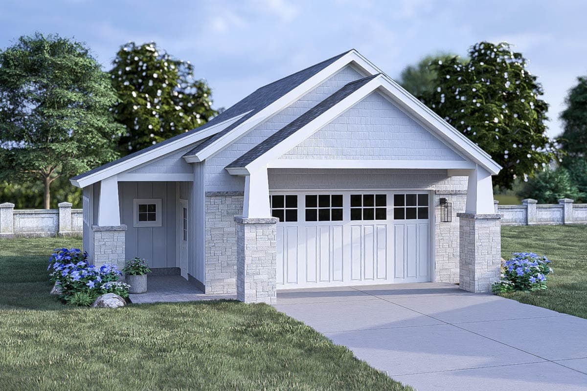 House plan exterior featuring a gabled roof, stone accents, and a garage with a carriage-style door. One-story design with a covered porch.