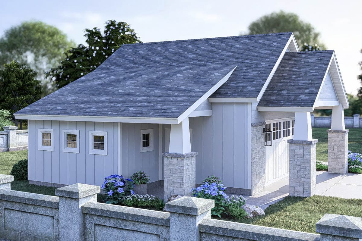House plan exterior: Modern Farmhouse style, one story, with front-facing garage, stone accents, and gabled dormer.