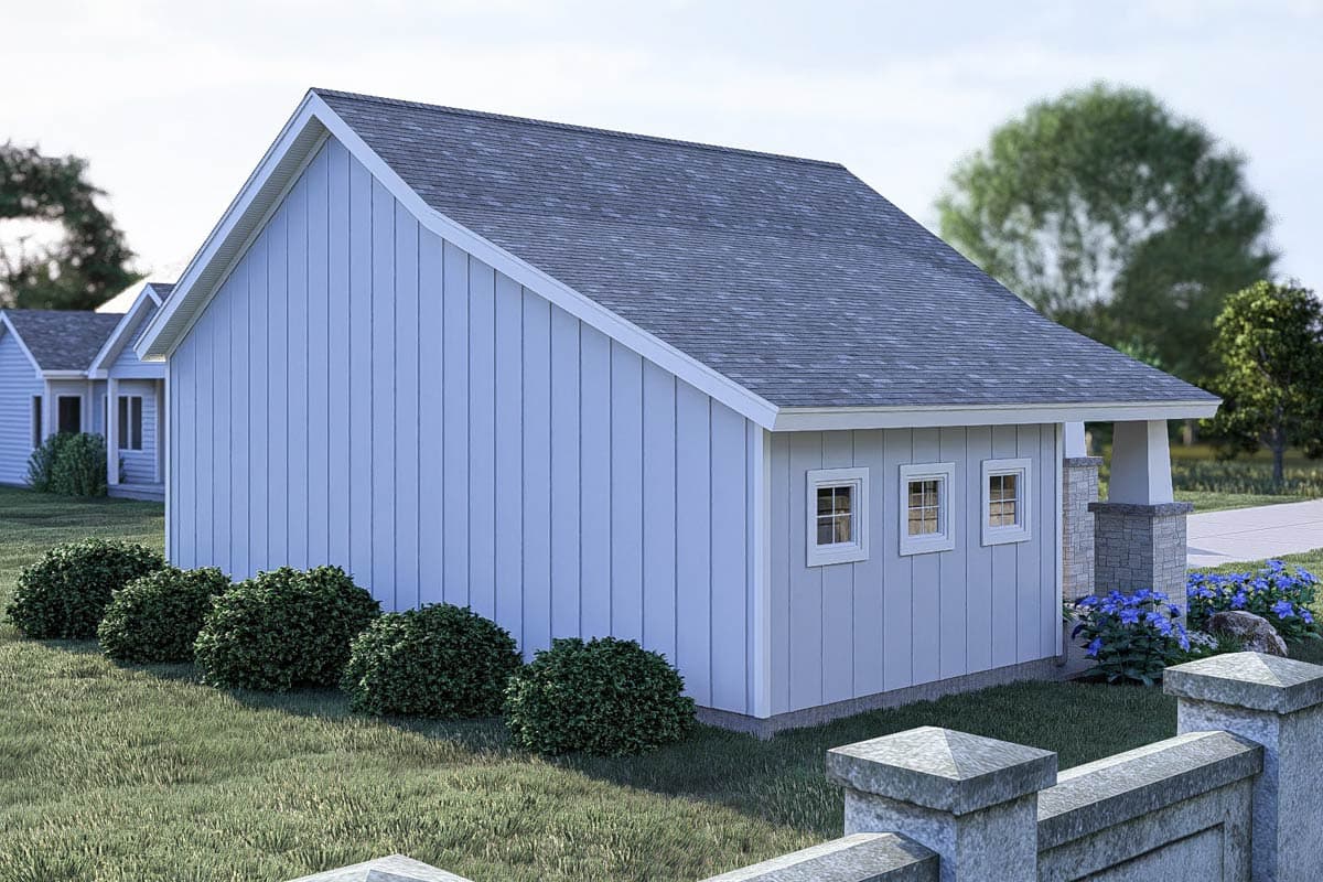 House plan exterior with vertical siding, gable roof, and three small square windows on one side.